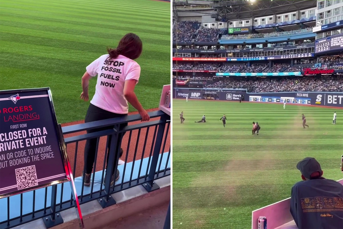 Activists tackled after rushing Rogers Centre field during Toronto Blue Jays game