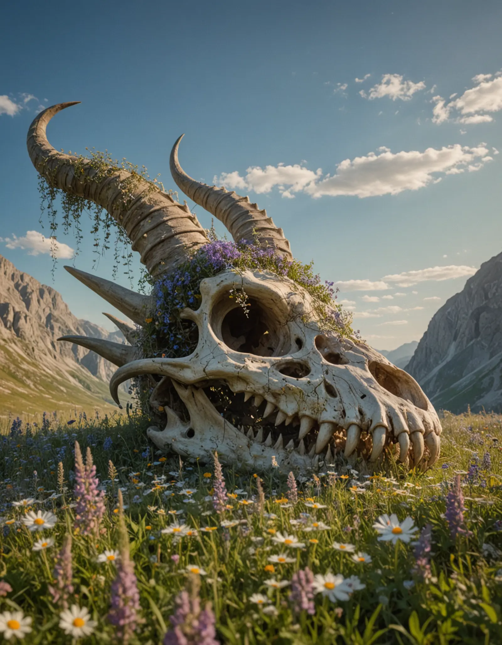 An enormous animal skull with long, curved horns and sharp teeth lying amidst a field of wildflowers. It's covered with blooming purple flowers, and vines drape over the horns. The background is of a clear blue sky and distant mountains.