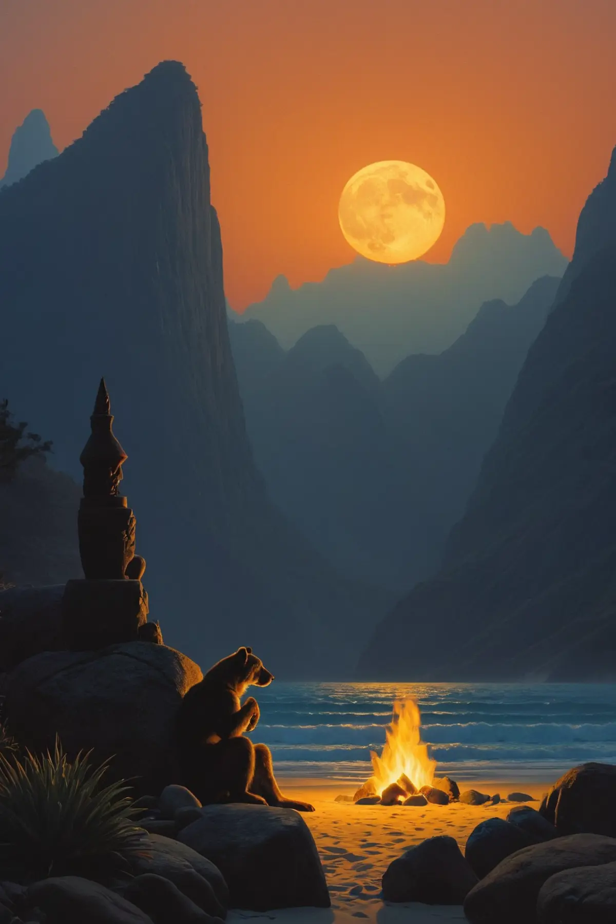 A serene riverside at dusk with a large full moon hanging low in the sky. In the foreground, a lone bear sits beside a small campfire that illuminates the nearby surroundings with an inviting light. Towering mountains rise steeply on either side of the river, framing the scene.