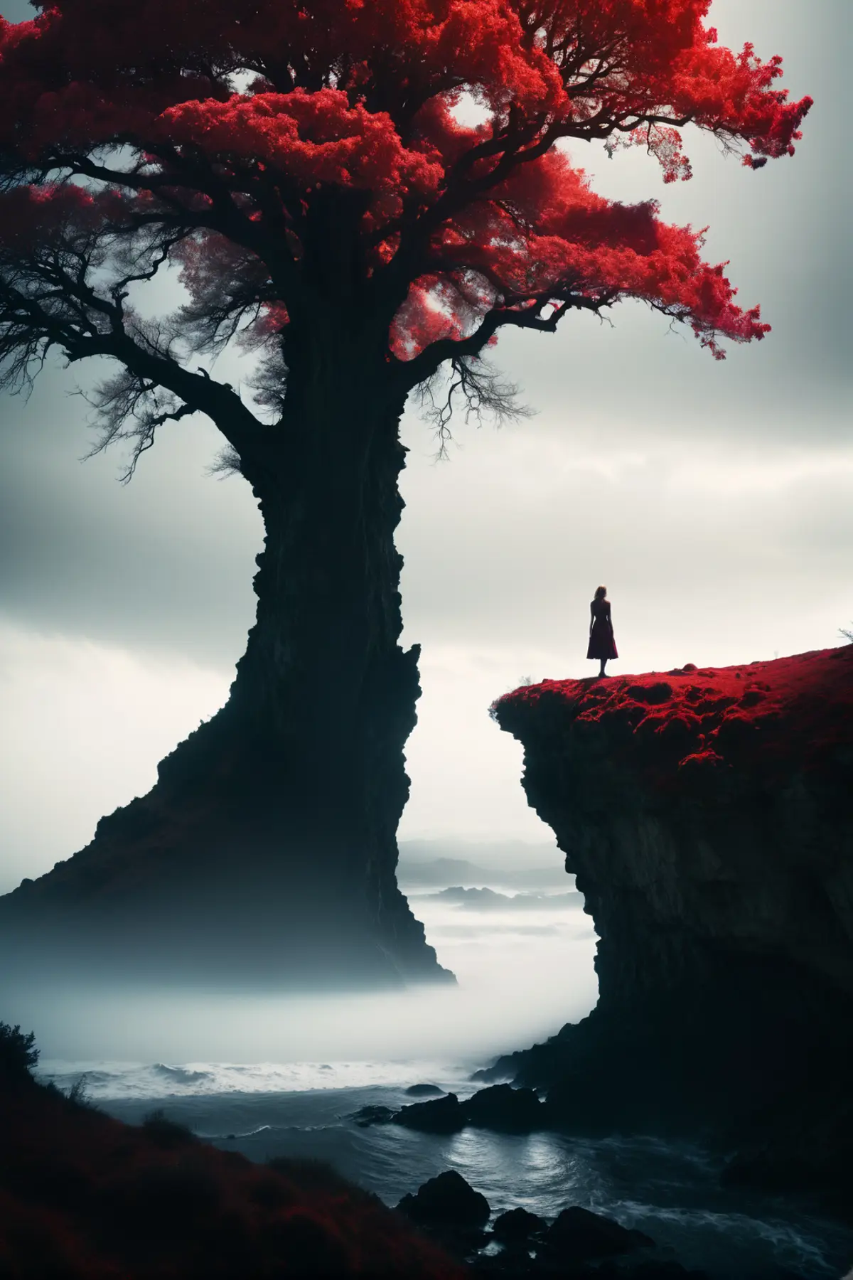 A lone figure standing on the edge of a cliff overlooking a misty seascape. Above them towers an imposing tree with vibrant red foliage that contrasts starkly against the surrounding subdued tones. 