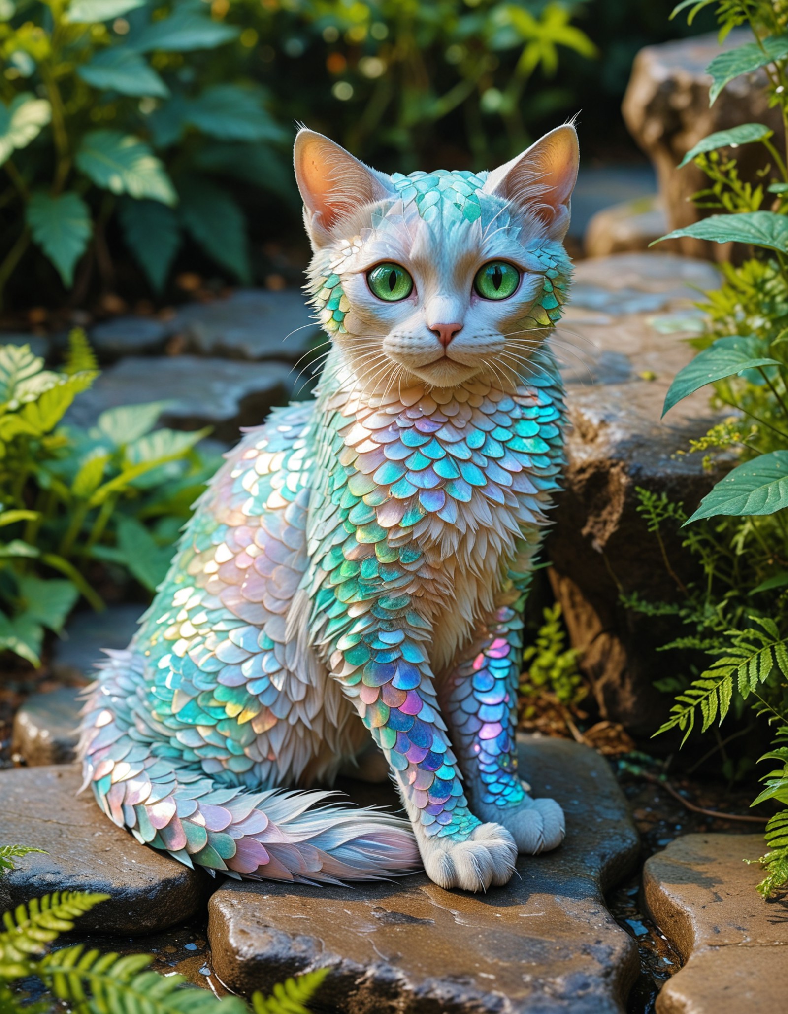 A cat with an unusual coat of colorful, iridescent scales, sitting on a stone path surrounded by lush greenery. The cat’s eyes are strikingly vivid and emerald green, which contrasts with the pastel hues of its scales. 