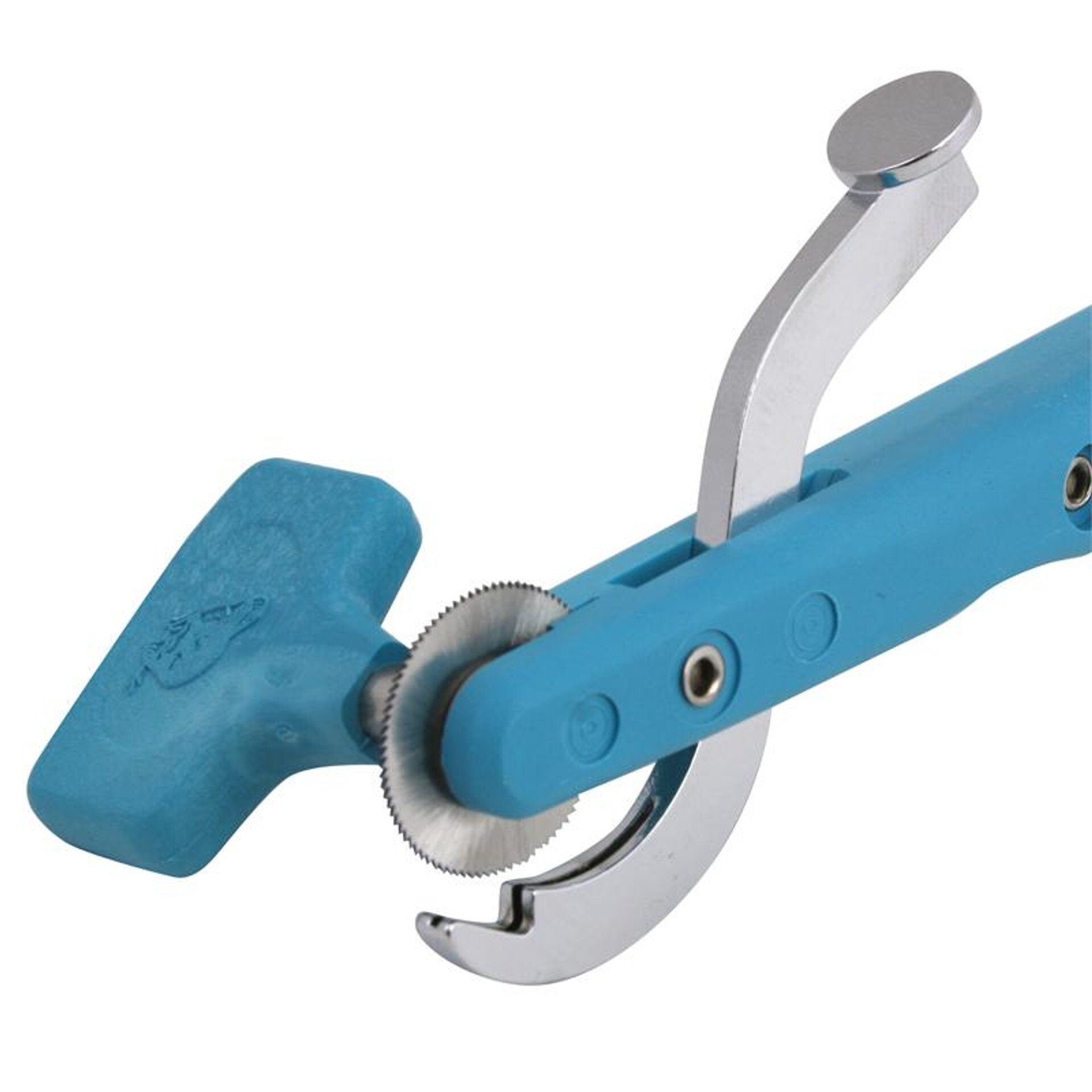 Picture of a pizza-cutter like implement with an arm underneath the serrated cutting wheel.