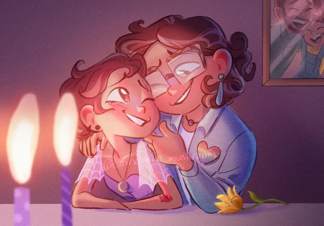 Fan art of Luz sitting at a table in her King-ceañera dress from the finale with her mother Camilla. Two lit candles are seen in the very front left of the frame. There is a yellow flower on the table next to them and a picture of a young Luz with her father Manny on the wall behind them