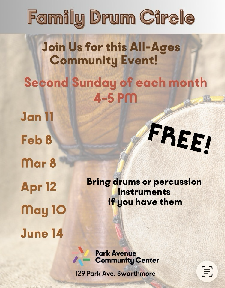 Poster with drum and upcoming drum dates: Feb 8, Mar 8, Apr 12, May 10, Jun 14.