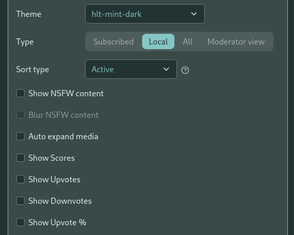 lemmy settings showing "Show Upvotes" unselected