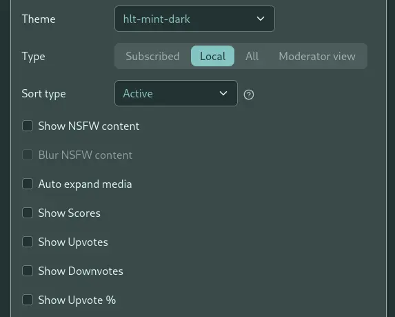 lemmy settings showing "Show Upvotes" unselected