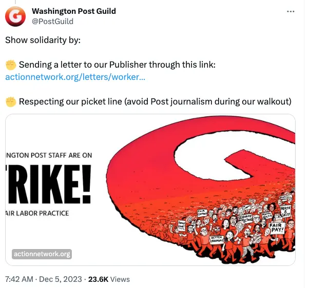 Screenshot of a Tweet by the Washington Post guild asking people to not engage with their content while doing a 24-hour strike on December 7, 2023