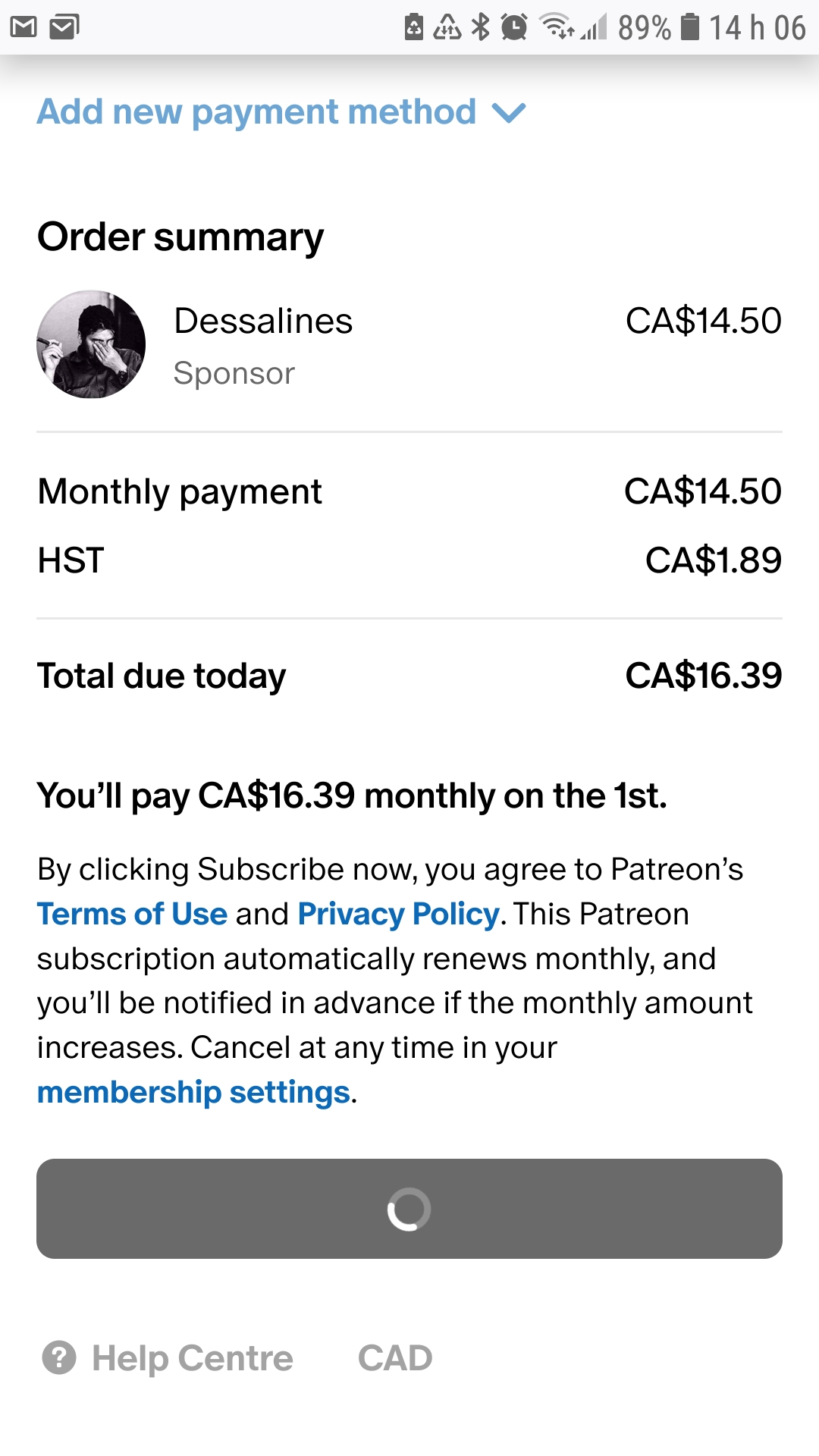 picture of monthly Patreon subscription going through