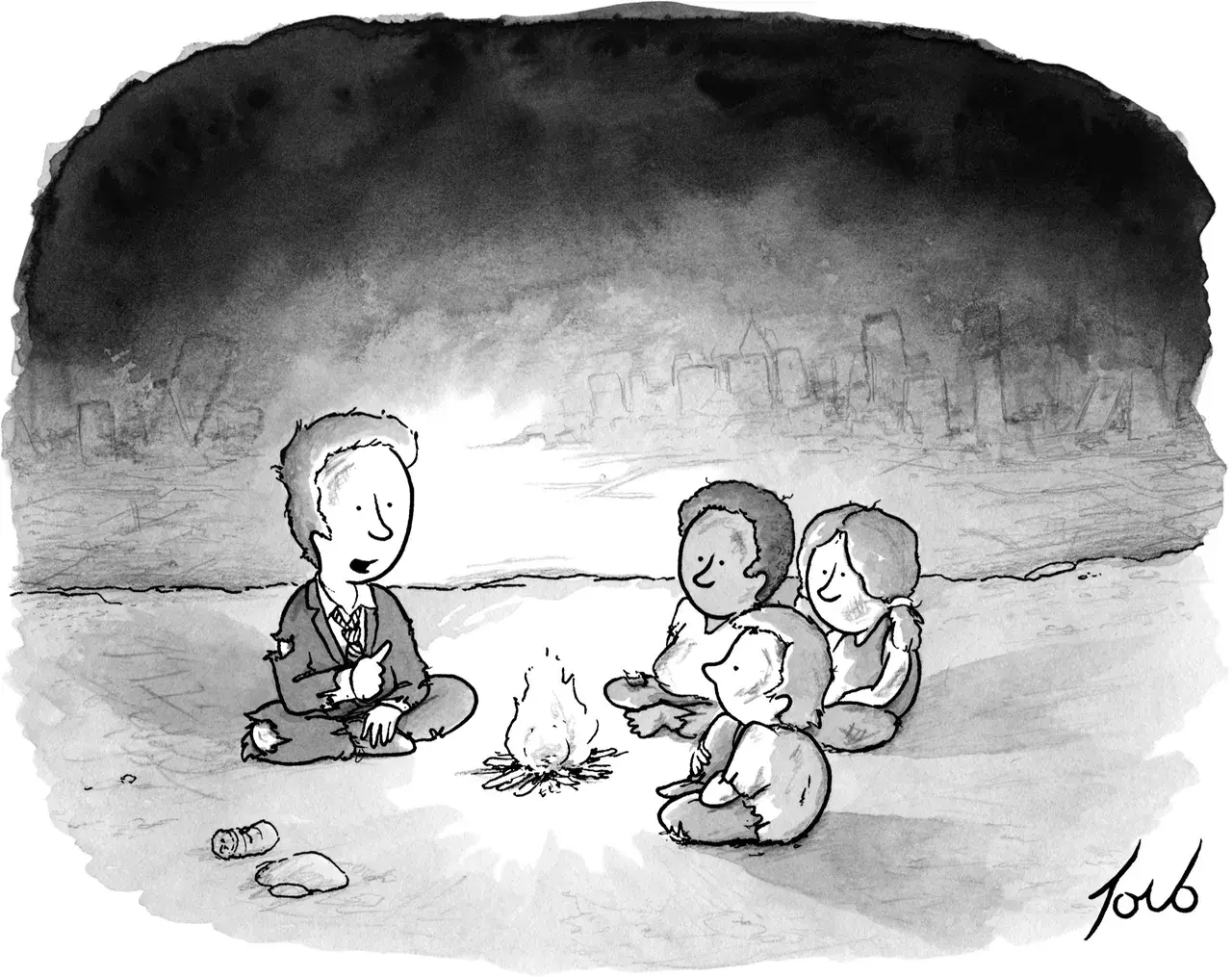 Cartoon.  Man in ripped suit at campfire with children.  Destroyed city in background. ”