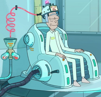 still from "simple Rick" episode of Rick and Morty, showing simple Rick happy and comatose