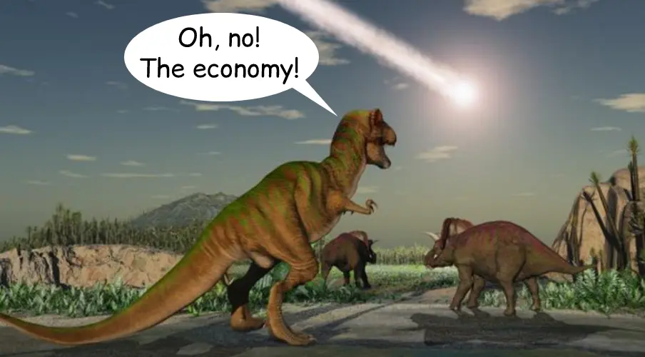 A meteor streaks across the sky as dinosaurs look on and a T-Rex exclaims, "Oh, no! The economy!"