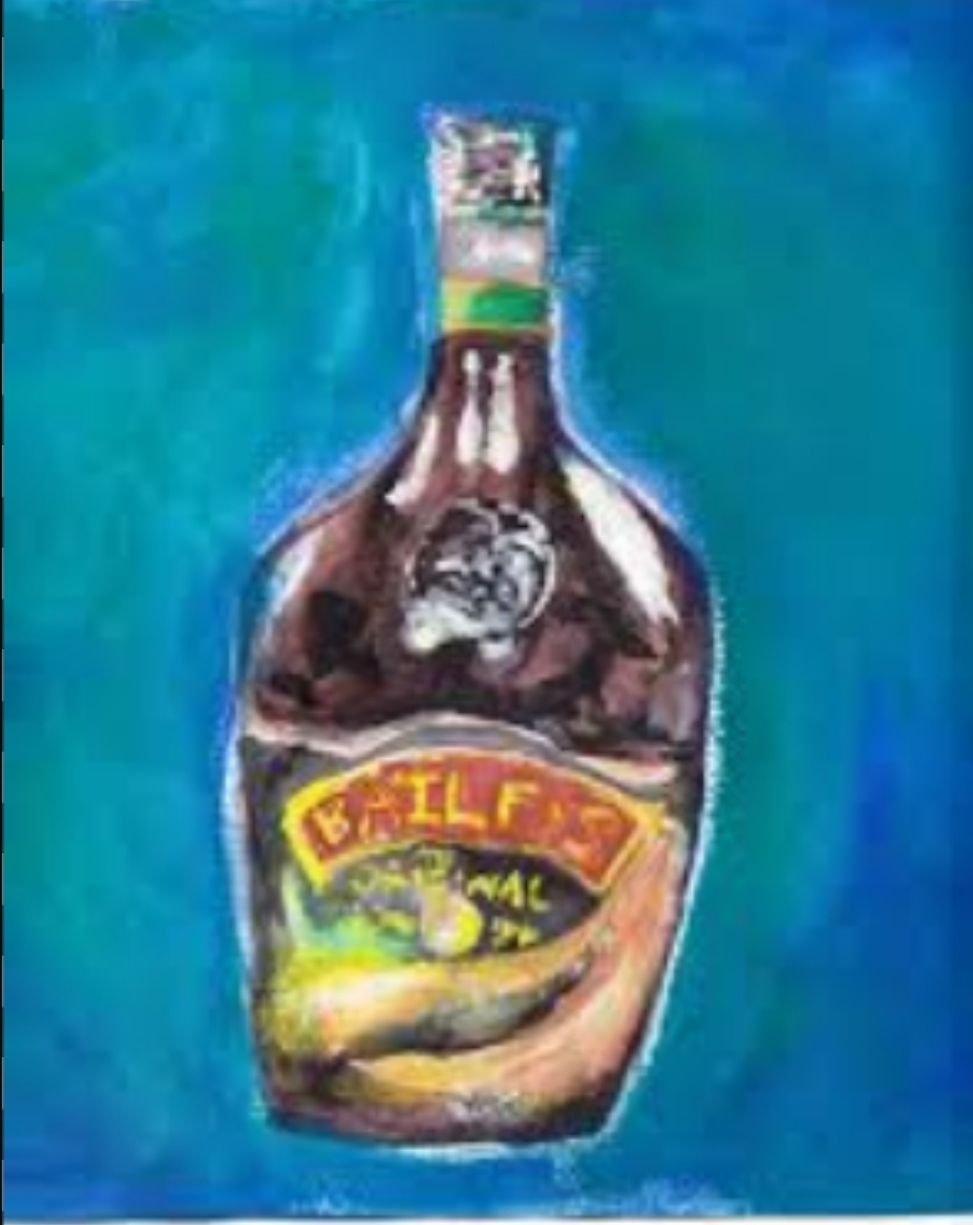 watercolor painting of a bottle of bailey's done in the style of old greg