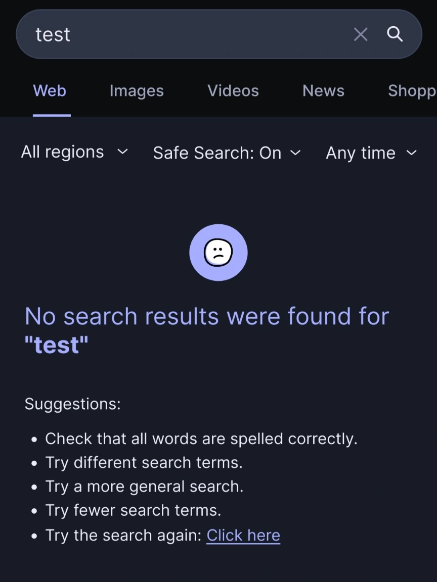 screenshot of searching "test" in start page that doesn't return any results