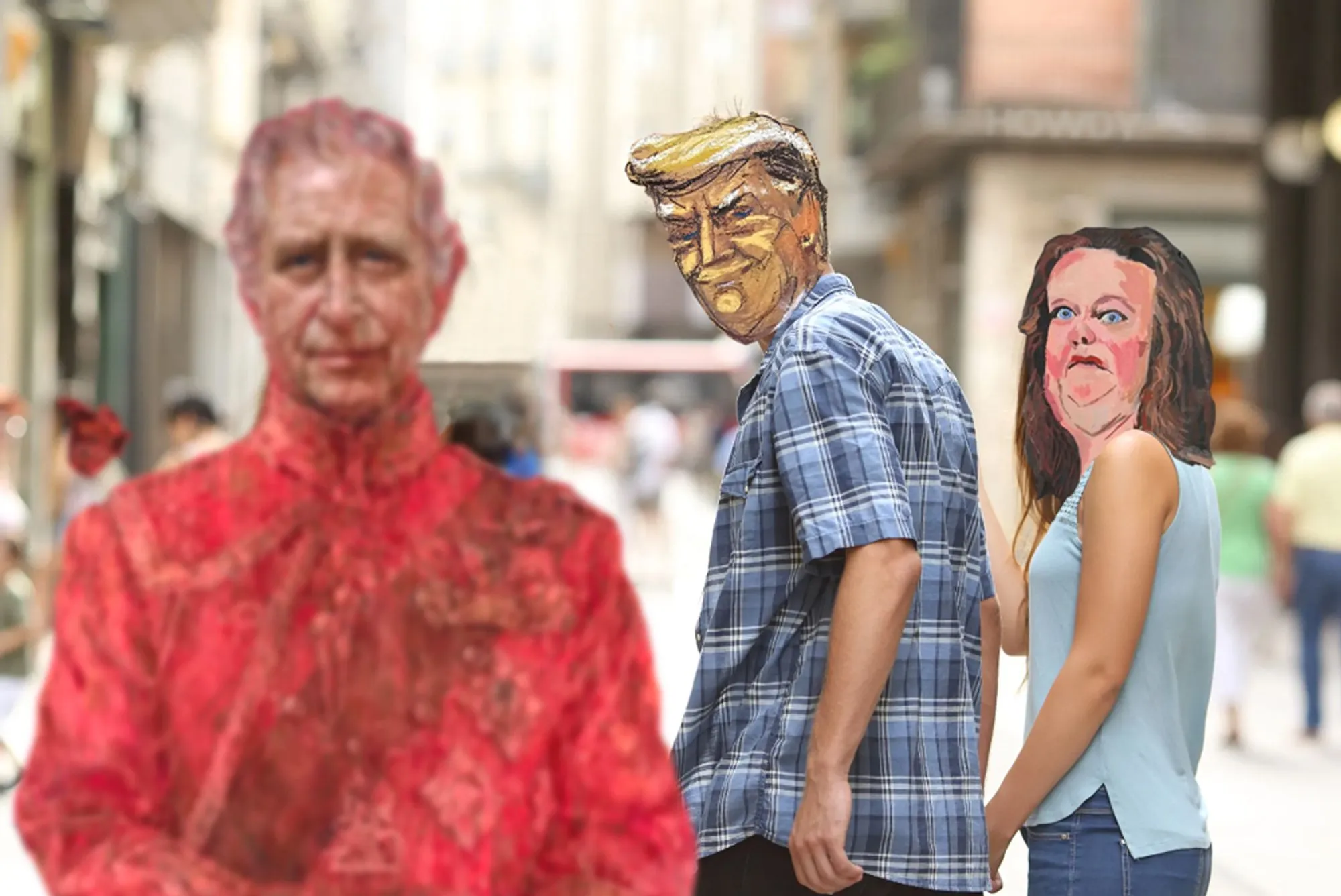 meme template of mad at guy looking at another girl, but faces swapped for portraits of Trump, the brittish king, and the woman in the linked article